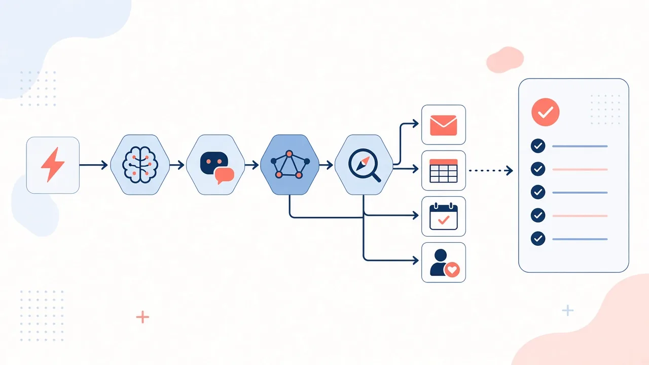 Illustration of an automation flow from a trigger through review steps into email, calendar and an approval list