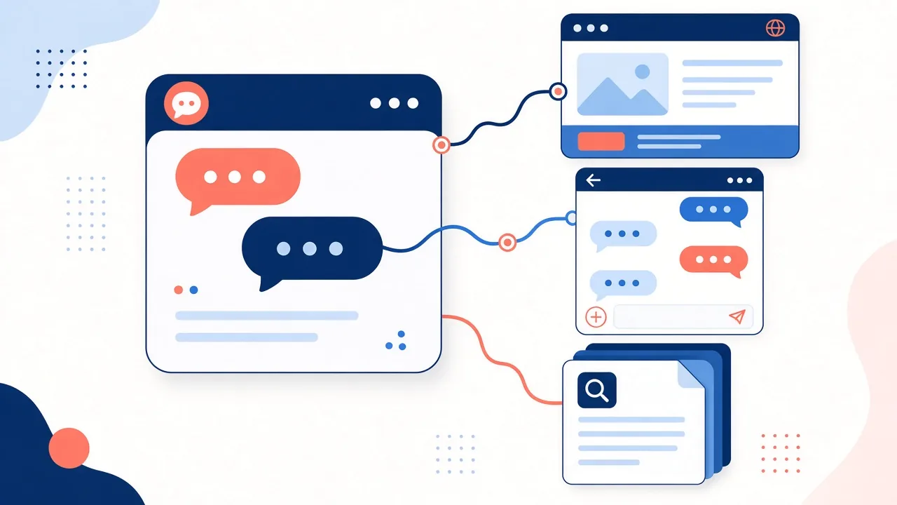 Illustration of a website chat connected to a page, a messaging thread and lead documents