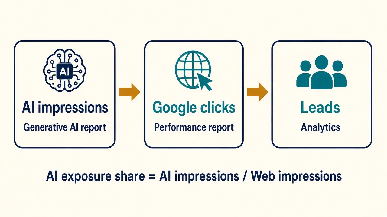 Three boxes showing AI impressions, Google clicks and leads, with the AI exposure share formula
