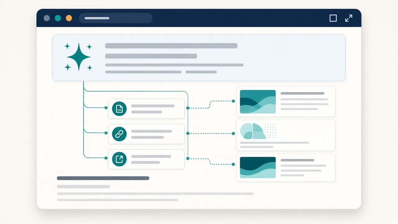 A search results page with an AI summary panel at the top linking to three source pages