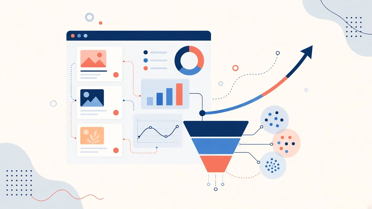 Illustration of a Meta ads dashboard with creative cards, charts, a sales funnel and a rising results line