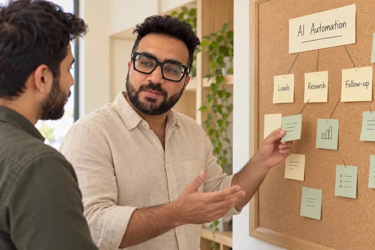 Vicky Lalwani mapping an AI automation workflow on a board