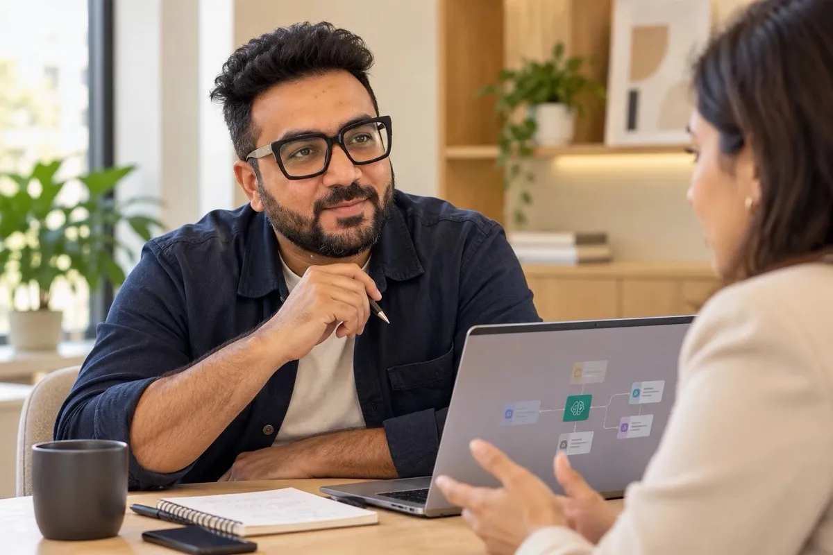 Vicky Lalwani reviewing an AI search visibility plan with a client