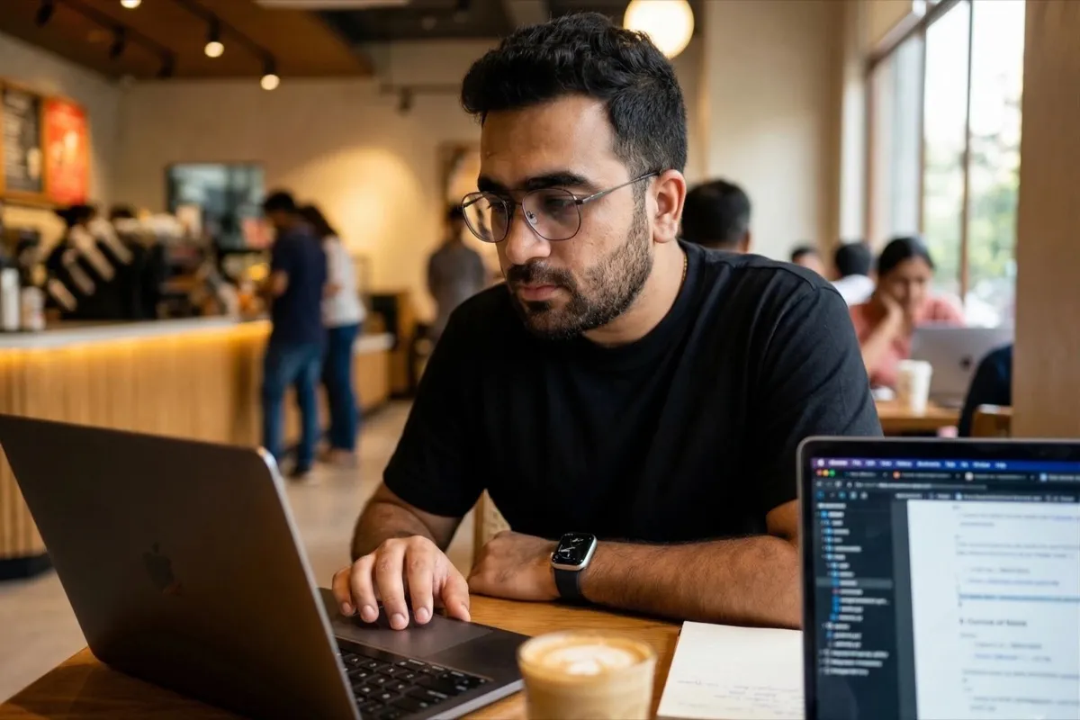 Vicky Lalwani working on an SEO project on his laptop