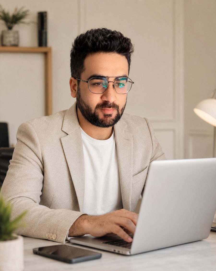 Vicky Lalwani working at his desk